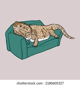 Bearded Dragon vector illustration sitting on Sofa. Pogona is a genus of reptiles.