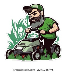 A bearded driver of a petrol-powered lawnmower mows the lawn in his garden. Gardening concept. Cartoon vector illustration. label, sticker, t-shirt printing