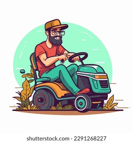 A bearded driver of a petrol-powered lawnmower mows the lawn in his garden. Gardening concept. Cartoon vector illustration. label, sticker, t-shirt printing