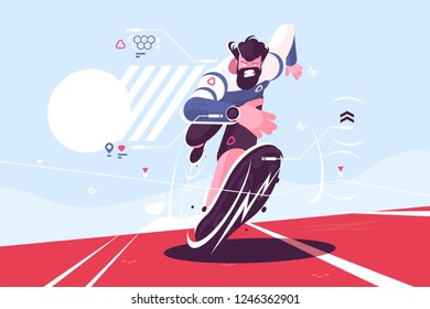 Bearded dude running fast on stadium vector illustration. Man in sport watch with pulse and location data on race track flat style concept. Runner sprinter guy on workout