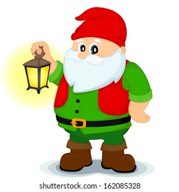 bearded dwarf in a red cap holding a glowing lantern