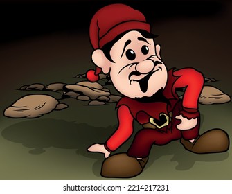 Bearded Dwarf in Red Clothes Sitting on the Ground - Colored Cartoon Illustration with Background, Vector