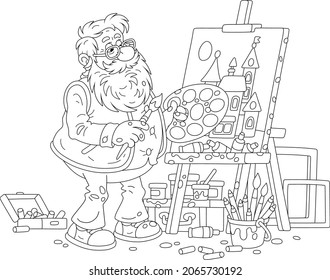 Bearded elderly artist painting a beautiful picture with pretty houses of a small town on a canvas and an easel in his art studio, black and white vector cartoon illustration for a coloring book