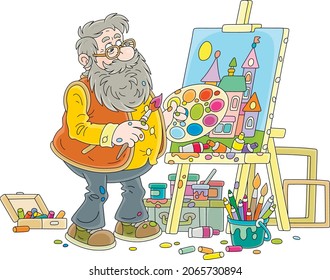 Bearded elderly artist painting a beautiful picture with colorful houses of a pretty town on a canvas and an easel in his art studio, vector cartoon illustration on a white background