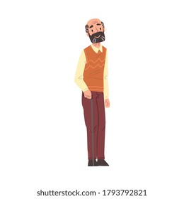 Bearded Elderly Man, Grandpa Character Cartoon Style Vector Illustration on White Background