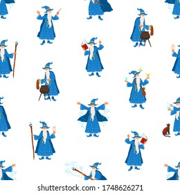 Bearded elderly wizard making magic vector flat illustration. Fairytail old gray haired character practicing mystical enchantment or wizardry seamless pattern. Funny sorcerer during witchcraft