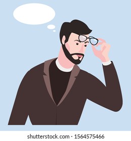 Bearded emotion man surprised in glasses and a suit. Shocked expression bubble vector illustration isolated cartoon style