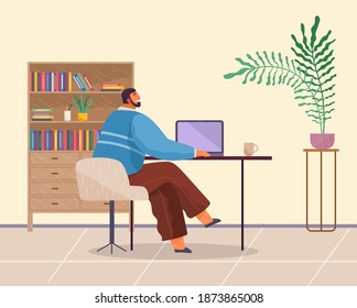 Bearded employee in blue sweater, back view, sitting on beige chair and using laptop for work, coffee cup, bookcase with documents and folders, lush pot plant on stand, tiled floor, office room