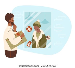 Bearded ethnic black man with gift at store window with mannequin wearing winter clothes - hat, scarf and coat on sale. Holiday sale, shopping for gifts and clothes. Vector illustration