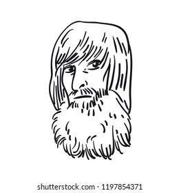 Bearded ethnic man silhouette sketch illustration with long hair. Shaggy old man vector hand drawn art