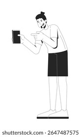 Bearded european man pointing at smartphone screen 2D line character. Digital lifestyle. Casual caucasian guy taking photo on phone isolated vector ink outline person. Monochromatic spot illustration