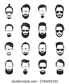 Bearded face. Black men beards. Handsome model hairstyling, portrait face old hipster. Isolated young trendy guys with haircut vector set