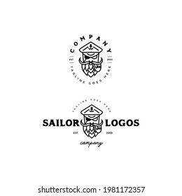 bearded face with cap line art logo icon vector template