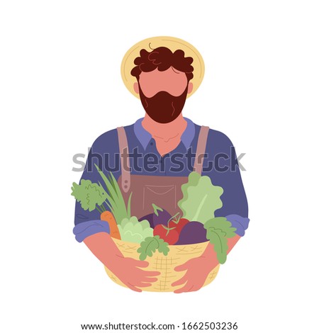 Bearded farmer in abrow and hat holding a basket with vegetables. Flat trendy hand drawn style. Isolated on white background.
