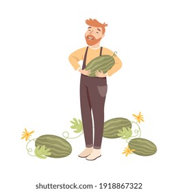 Bearded Farmer or Agricultural Worker Holding Ripe Watermelon Vector Illustration