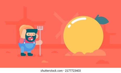 A bearded farmer with big orange flat design illustration