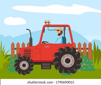 Bearded farmer in cap rides red tractor on lawn. Rustic wooden fence, flowering bushes, mountains and sky on background. Use tractor to plow the soil. Grow and harvest. Agriculture, truck farming