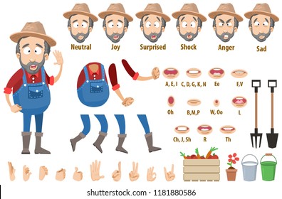 Constructor de caracteres de granjero con barba y objetos para la escena de animación personalizada. Trabajador agrario diversas emociones faciales, gestos manuales e ilustración de vector de sincronización de labios. Jardín en un conjunto de creación de overoles