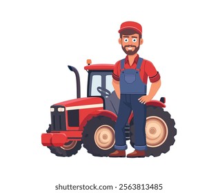 Bearded farmer in denim overalls standing beside a red tractor, highlighting rural life and agricultural dedication. Great for farming and lifestyle imagery