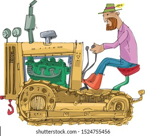 An bearded farmer is driving vintage obsolete farm tractor. Cartoon. Caricature.