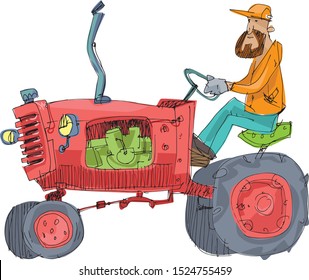 An bearded farmer is driving vintage obsolete farm tractor. Cartoon. Caricature.