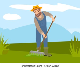 Bearded farmer in hat and overalls rakes the grass in field. Cultivation, harvesting, working on fresh air. A man cultivates the soil. Agricultural occupation and husbandry tool, flat vector