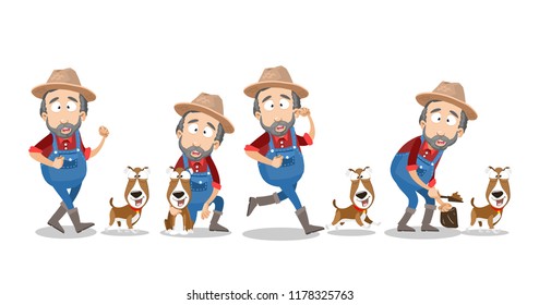 Granjero con barba en el sombrero y se pasea con perro. Caricatura de trabajador agrario jugando con mascota y limpiando excremento tras su perro. Gracioso jardinero actividad aislada ilustración vectorial