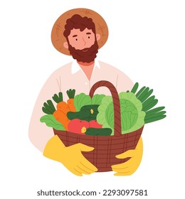 Bearded farmer holding a basket with harvest. Vegetables, bitter gourd, tomato, carrot and cabbage. Farming and harvest concept.