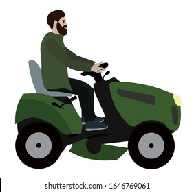 
A bearded farmer rides a green lawn mower tractor. Flat vector illustration isolated on white background.