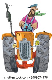 A bearded farmer rides old, vintage farmer tractor. Cartoon. Front view. Caricature.