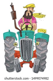 A bearded farmer rides old, vintage farmer tractor. Cartoon. Front view. Caricature.