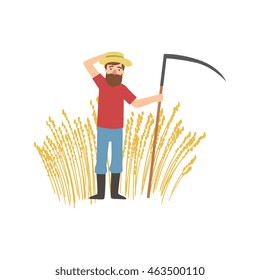 Bearded Farmer With Scythe And Wheat Field