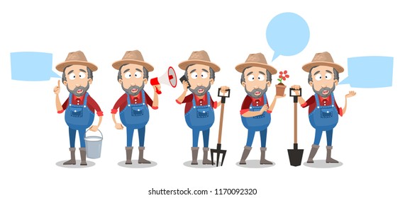 Bearded farmer standing with blank speech bubbles. Gardener in hat and overalls with agricultural tools. Agrarian worker talking on mobile phone, holding flower and megaphone vector illustration