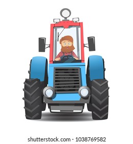 A bearded farmer in a tractor. Cartoon tractor model. The cultivation of the landscape