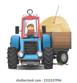 A bearded farmer in a tractor. Cartoon tractor model. The cultivation of the landscapeIllustration with farmer on white background. Farming, agriculture. Vector illustration. Agriculture harvest