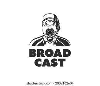 bearded fat man wearing hat and mic. journalistic broadcasting logo design template