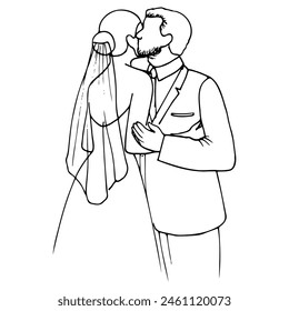 bearded father or groom kisses the bride on the cheek, they hug. outline wedding illustration