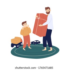 Bearded father hold big gift box for cute son vector flat illustration. Male parent give holiday present to joyful kid isolated on white background. Smiling dad making surprise to happy child boy