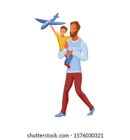 Bearded father holds his son on arms. The boy plays with airplane toy. Vector illustration in flat cartoon style.