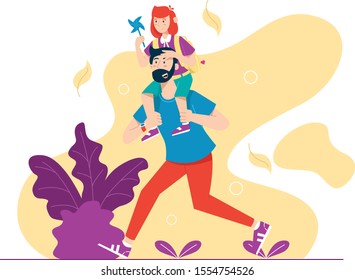 Bearded Father playing with his daughter. father holding his daughter on his soulder.cute funny flat cartoon illustration vector