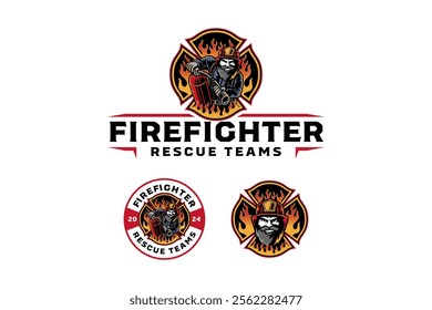 bearded firefighter holding fire extinguisher character mascot colorful logo design. bearded fireman with safety helmet, fire extinguisher badge logo design set. for rescuer, survivor, patrol 