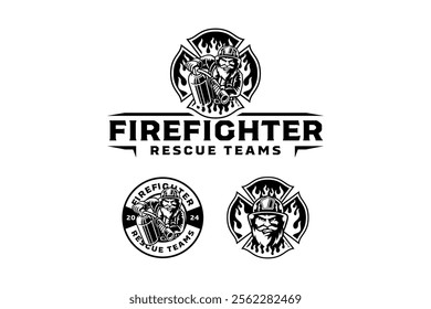 bearded fireman holding fire extinguisher character mascot outline logo design. bearded firefighter with safety helmet, fire extinguisher badge logo design set. for rescuer, survivor, patrol 