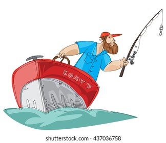 bearded fisher man in motorboat - cartoon