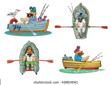 Bearded fisher in a small boat is hooking with help of a rod. Set of small wooden and inflatable vessels with guy inside. Recreation and sport inspired vector cartoons. Caricatures.
