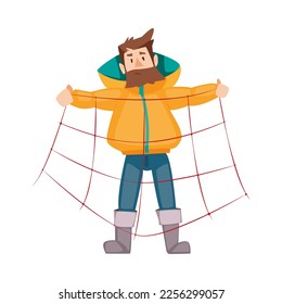 Bearded Fisherman Capturing Fish with Net Vector Illustration