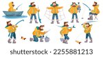 Bearded Fisherman Capturing Fish with Rod and Net on Boat in Pond Vector Set