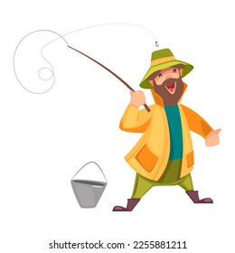 Bearded Fisherman Capturing Fish with Rod and Bucket Vector Illustration