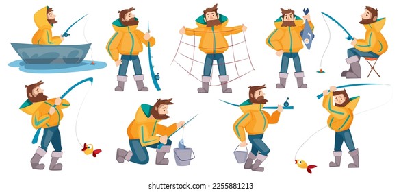 Bearded Fisherman Capturing Fish with Rod and Net on Boat in Pond Vector Set