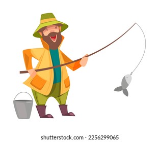 Bearded Fisherman Capturing Fish with Rod and Bucket Vector Illustration