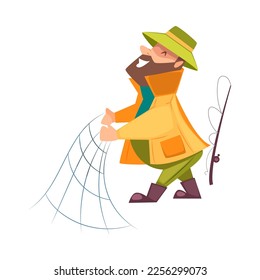 Bearded Fisherman Capturing Fish with Rod and Net Vector Illustration